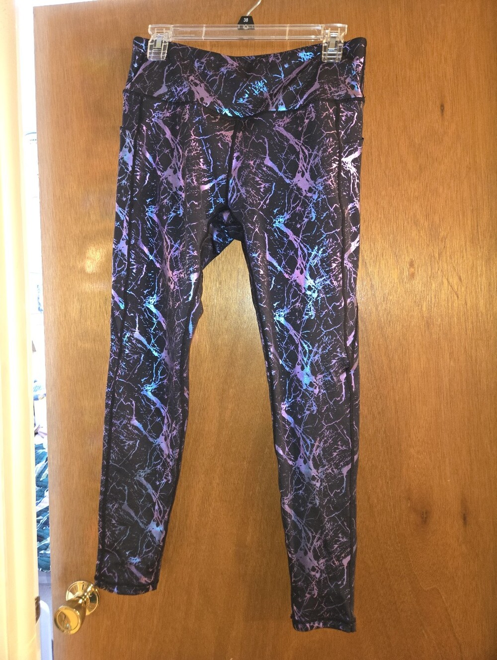 Women's Marble-Print Black Leggings with Purple & Teal Accents Large